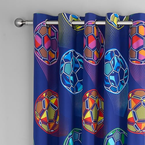 Catherine Lansfield Bright Football Fully Reversible 66x72 Inch Eyelet Curtains Two Panel Navy Blue