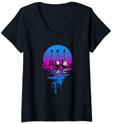 Damen Vintage Retro Sunset Rock n Roll Gitarre T-Shirt mit V-Ausschnitt