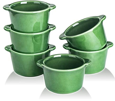 VICRAYS Lot de 6 mini ramequins en céramique pour crème brûlée, 236,8 g, passent au four, plats à soufflé pour la cuisson individuelle, cocotte à tremper, sauce, Pioneer Woman (vert)