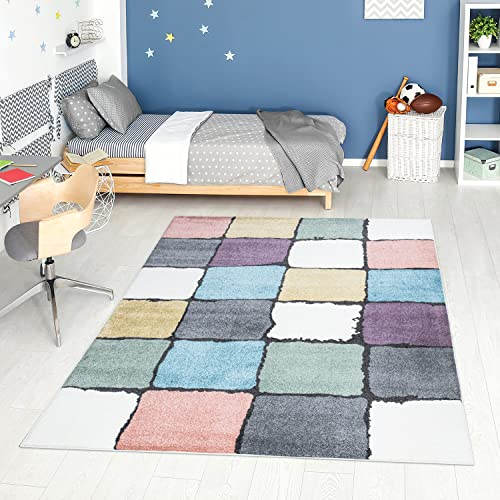 carpet city Teppich Kinderzimmer - Jugendzimmer-Teppich - 190x280 cm - Multi - Modern Karo-Muster - Kinderteppich Kurzflor - Moderner Teenager-Teppich