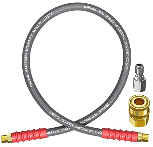 Heliwoo Pressure Washer Whip Hose, 4FT, 3/8'' Hose Reel Connector with 3/8'' Quick Connect Adapter Set, Steel-Braided, 4800 PSI