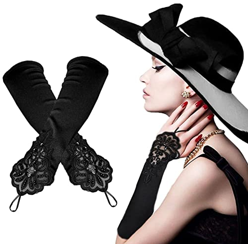 FLAVNTEL Schwarze Satin Opera Handschuhe, Damen 35cm Fingerlose Handschuhe für Erwachsene Frauen, Modebewusste, Formal Anlässe (Schwarz, M)
