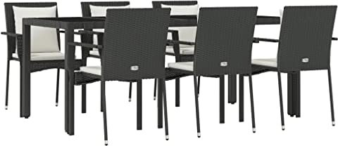 vidaXL Garten Essgruppe 7-TLG., Gartenmöbel Set mit Kissen, Gartengarnitur Tisch 6 Stühle, Sitzgruppe Gartenset Modulares Design, Schwarz Poly Rattan