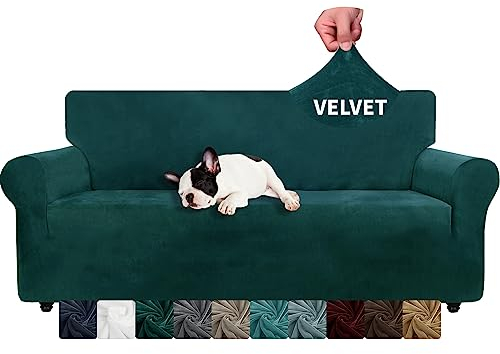 XINEAGE Samt Sofaüberzug 3 Sitzer, Stretch Sofa überzug für Wohnzimmer, Dicke Weiche Sofaüberwurf, Rutschfester Sofa Cover für Hunde, Haustiere (3 Sitzer, Dunkelgrün)