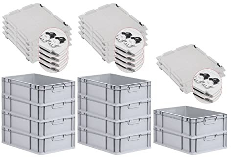 PROREGAL SuperSparSet 10x Eurobox NextGen Grip mit Scharnierdeckel und schwarzen Schiebeschnappverschlüssen, HxBxT 17x40x60cm, 34 L, Grau, Griffe geschlossen, Eurobehälter, Transportbox