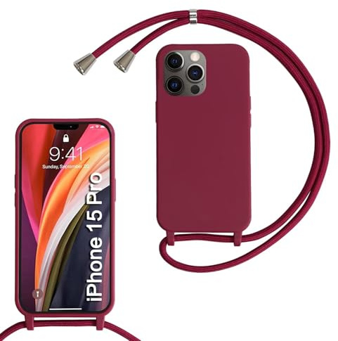 SLWYF Compatible with iPhone 15 Pro Crossbody Lanyard Case, Liquid Silicone Protective Phone Case with Strap Adjustable Neck Cord Necklace Soft Cover for iPhone 15 Pro, Red