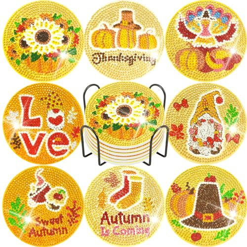 Dessous de verre peinture diamant jour de Thanksgiving, phosphorescent automne citrouille diamant art GNOME sous-verre