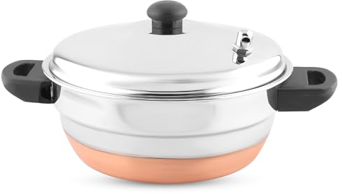 KSJONE Stainless Steel 4 pcs Multi Kadai (Copper Bottom) with Stainless Steel lid, 2 idli Plates (10 Idlis) 1 Steamer and 1 Idli Spoon with Whistle, Silver