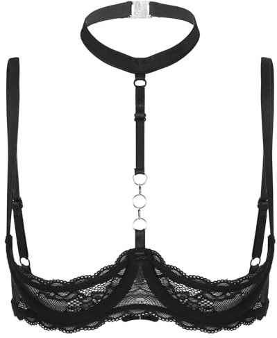 inlzdz Reggiseni Aperto da Donna Bra in Pizzo Bralette Trasparente con Ferretto Senza Imbottitura Lingerie Erotico Underwear per La Notte di Nozze Vacanze in Luna A Nero S