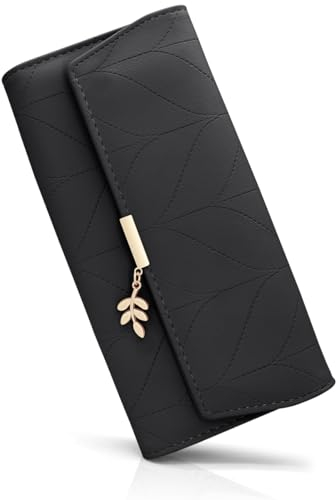 Portefeuille Femme Longue PU Cuir, Porte Monnaie Femmes Grande Capacite avec Compartiment à Monnaie Zippé, Longue Porte Feuilles pour Femme avec 9 Emplacement de la Carte (C-Noir)
