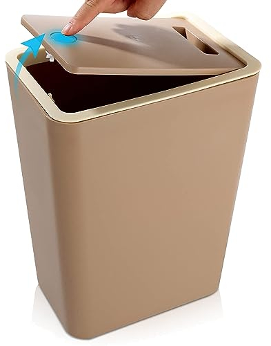 DAJAVE Cubo de basura de baño con tapa, 12 L, pequeño cubo de basura de cocina con tapa a presión, color marrón, para baño, cocina, dormitorio, salón, oficina, 34 x 25,5 x 17 cm
