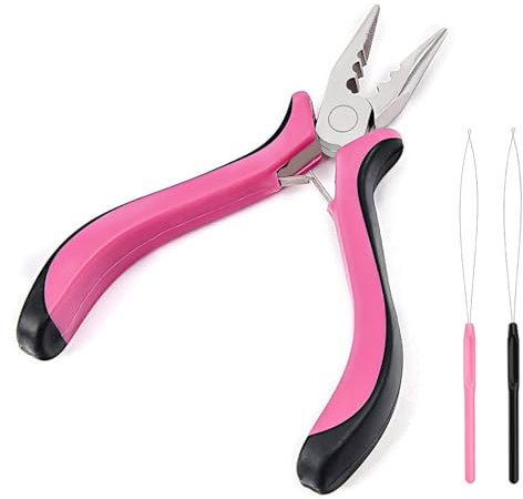 FEXPDL Hair Extension Pliers Kit,3Pack Hair Tinsel Kit Professional Nano Hair Extension Tools Metal Hair Extension Tools Includes 1 Plier and 2 Nano Rings (Black + Pink)