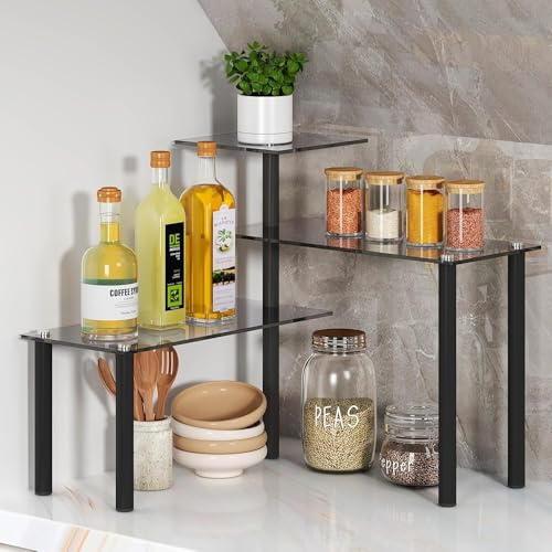 FAVOOSTY Eckregal Küche, 3-stufiger Badezimmer Arbeitsplatten Organizer, Bewegliches Eckregal, Lagerregal aus gehärtetem Glas, Ewürzregal, Pflanzenregal,