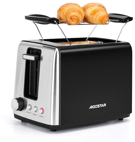 Aigostar Tostadora 2 Ranuras Extra Anchas y Rejilla Calentadora, 7 Niveles de Tostado, Centrado Automático, 3 Funciones, Bandeja Recogemigas Extraíble, Color Negro Mate y Acero Inoxidable, Delish