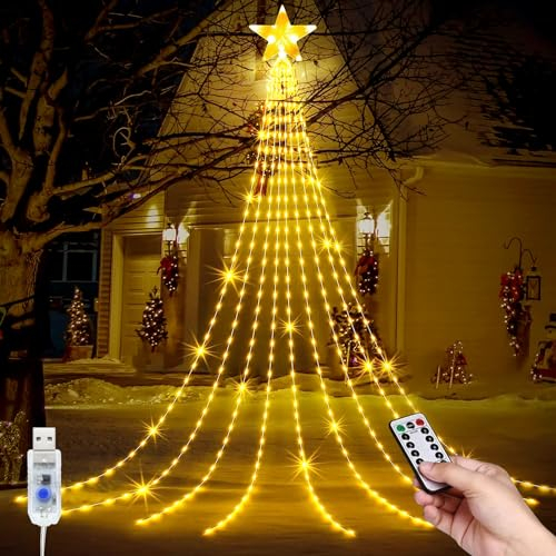 LED Weihnachtsbeleuchtung Außen, LED USB Weihnachtsbaum Lichterkette, 9*2M 8 Modi 198 LEDs Außen Wasserdicht Christbaumbeleuchtung mit Sterne Fernbedienung für Party, Fest, Weihnachtsbaumdekoration