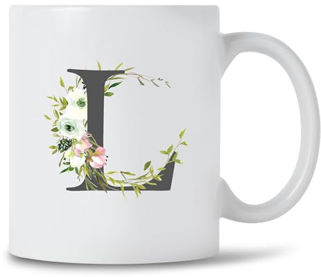 Seriously Frank Personalised Floral Initial Coffee Mug, Grey Text, A-Z Letters of The Alphabet Decorated with Flowers (Initial L)