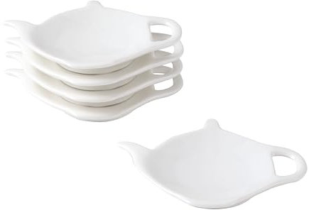 PRECITIME Plato de porcelana blanca para bolsitas de té, cinco posavasos para bolsas de té, soporte para bolsas de té usado, almohadilla clásica para reposar cucharaditas, plato de aperitivos, regalos