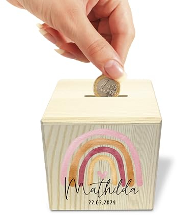 Yuweli® Regenbogen Holzspardose personalisiert mit Namen aus Holz Spardose Spardosen mit Namen Geschenk zur Geburt Taufgeschenke für Mädchen Einschulung Kinderspardose