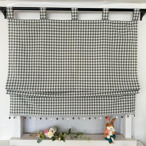 Vordesack Blickdichter Raffrollo mit Karo-Muster Landhausstil Gardinen mit Quasten-Kante Raffgardine mit Schlaufen Wohnzimmer Gardinenschal Küche 1 Stück Bunt HxB 140x120cm
