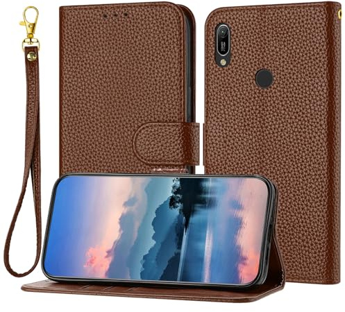 LMFULM® Étui pour Huawei Y6 2019 (MRD-LX1, MRD-LX3) (6,09 Pouces) PU Magnétique Pochette Cuir Housse Litchi Impression Rabattable Case Stent Fonction Cover Marron