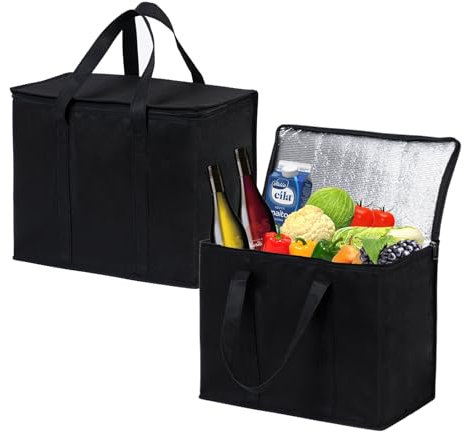 Froxique 2 Pack Insulated Reusable Shopping Bags for Grocery, Heavy Duty Cooler Bags for Frozen Food Delivery, Lunch Boxes with Handle and Zips for Travel, Collapsible Cold Boxes