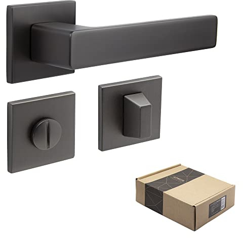 APECS Türgriffe innentüren Modern Türklinke für Haustür und Innentür mit quadratisch Rosetten Türgriff graphit matt Drückergarnitur mit Befestigungsmaterial Türbeschlag Modell REGULUS WC - Badezimmer