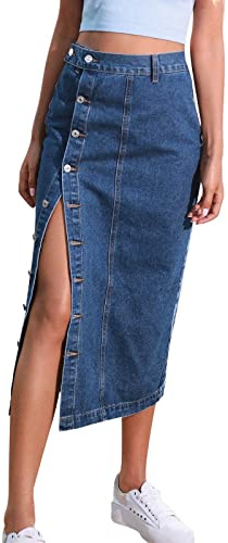 Jeanskjol dam lång med slits: jeanskjol med främre slits lång kjol dragkedja stretch använd look jeanskjol långa kjolar sexig damkjol sommar traditionell kjol jeans blyertskjolar fritidskjol