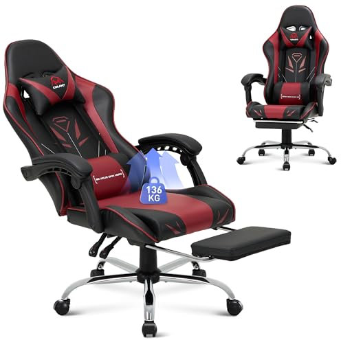 COLAMY Gaming Stuhl, Computer Stuhl mit Fußstütze und Lendenwirbelstütze, höhenverstellbarer Gaming Chair mit 360°-Drehsitz und Kopfstütze, Video Gamer PC Stuhl, Ergonomische hohe Rückenlehne, Rot