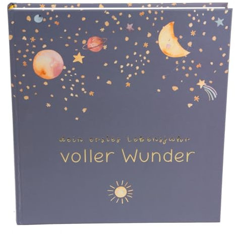 goldbuch 50 497 Babytagebuch Voller Wunder Weltraum Blau, Erinnerungsalbum mit 100 illustrierten Seiten, Einband mit Goldprägung und einem Nachthimmel als Motiv, Babyalbum ca. 24,5 x 22,5 x 3,5 cm