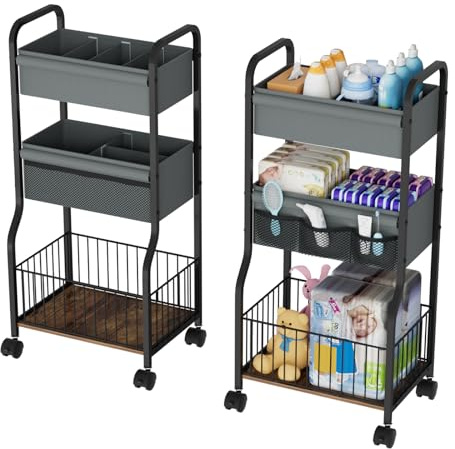 NEYCIL Baby-Windelwagen, 3-stufiger Wickelwagen mit Feststellbaren Rädern | 4+3 Trennwände, Nachttischwagen für Babyutensilien für Kinderzimmer, Schlafzimmer, Badezimmer, Allzweckwagen (Schwarz)
