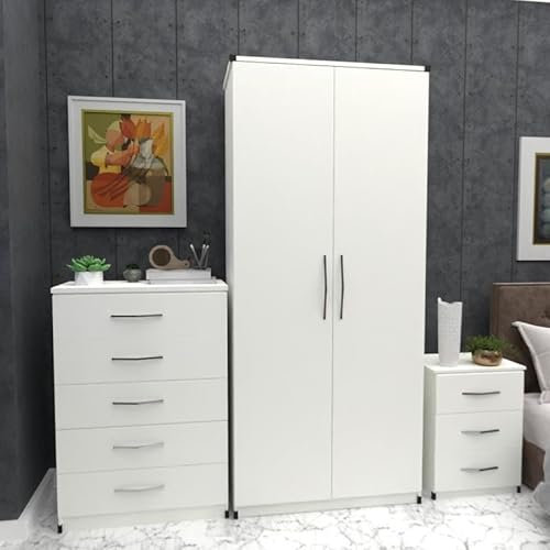 Ready 3-Piece Bedroom Furniture Set, 2-Door Wardrobe 78cm, 5-Drawer Chest 72cm, 3-Drawer Bedside 40cm (White)