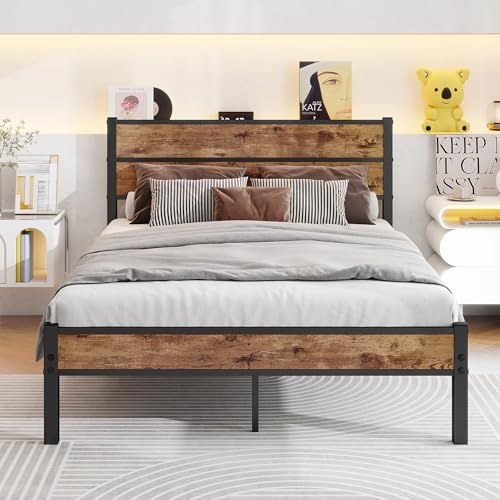 JUISSANO Bett 140x200 mit Metal Lattenrost,Bettgestell Metallbett 140x200 cm mit Holzkopfteil,Einfacher Aufbau Doppelbett Gästebett Jugendbett,Unterbett Stauraum