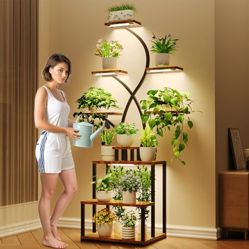 Bvewg 160 cm Metall-Pflanzenständer für den Innenbereich mit Pflanzenlampen, hohes Pflanzenregal in Blütenstandsform für Zimmerpflanzen,9-stufiger beleuchteter Pflanzenständer