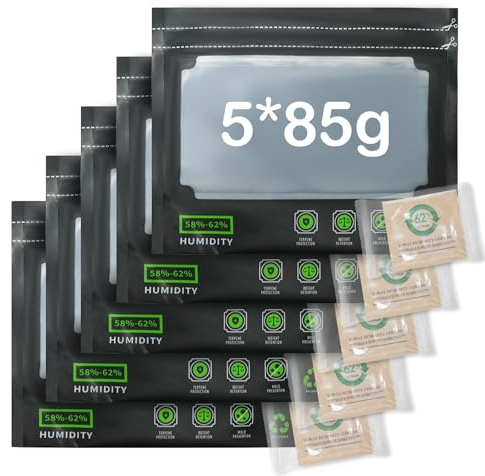5x 85g Wiederverwendbare Aufbewahrungsbeutel Integrierter Feuchtigkeitskontrolle (58-62%) + 5X10g 62% RH 2-Wege-Feuchtigkeitskontrolle Inklusive - mit Geruchskontrolle + UV-Schutz