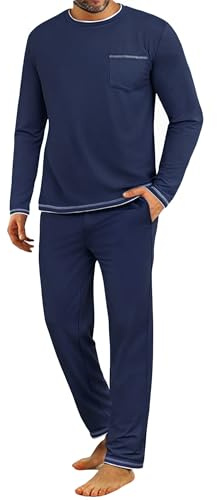 Demegimi Mens Pyjamas Set Long Sleeve Crew Top and Cotton Lounge Pants Winter Mens PJS Sets Loungewear Sleepwear Dark Blue