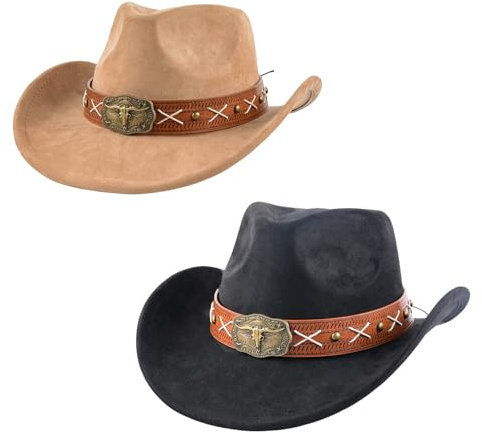 Wovella Cowboy-Hut-Set für Damen und Herren - Breitkrempige Ausführung mit Metall-Stierkopf-Applikation (2er Pack)