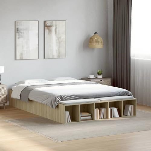 HaoChrymec Bettgestell Sonoma-Eiche mit Stauraum, Robustes Design, polsterbett, einzelbett, Für Schlafzimmer & Jugendzimmer, Hellbraun, 120x200 cm