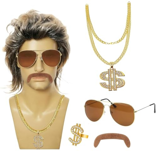70er/80er/90er Jahre Outfit Herren Perücken 5er Set, Kostüm Herren Vokuhila Perücke, Halskette, Ring, Bart, Brille, 80er Jahre Accessoires für Kostüm zu Fasching & Karneval