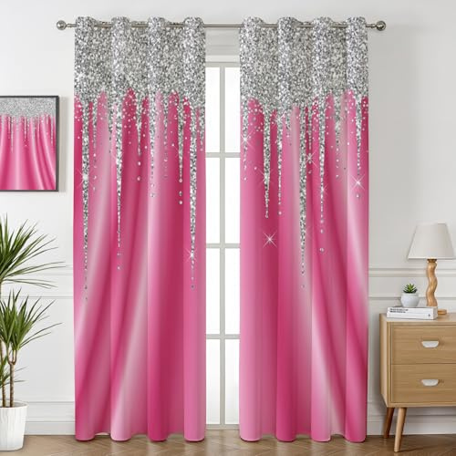 Havenix Glitzer Rosa Vorhänge Wohnzimmer Blickdichte Glamour Prinzessin Kinderzimmer Gardinen mit ösen Thermo Vorhang Gegen Kälte Verdunklungsvorhänge für Schlafzimmer 2er Set H 245 x B 140 cm