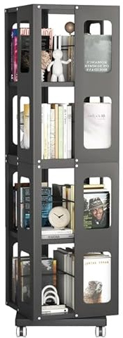 kavey 360° Drehbares Bücherregal, 4 Ebenen Metall Multifunktionaler Bücherregal, Ideal für Bücher und Deko, 42×42×139 cm, Schwarz