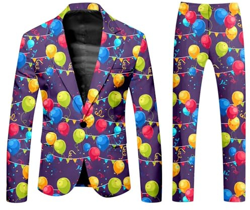 Generisch Anzug Kostüm Herren Lustiger Masken Anzug Prom Suits Faschingskostüme mit Bunten Drucken 60er Jahre Outfit, Party Jacke und Hose, Karneval, Mottoparty, Mardi Gras