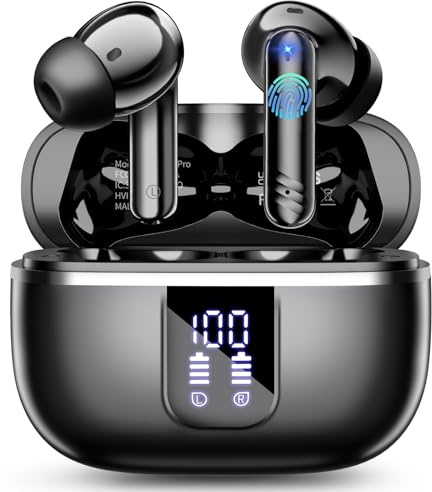Wireless Earbuds, Bluetooth 5.4 Headphones with 4 Noise Cancelling Mic, 46H In-Ear Buds with 3D Bass Stereo, Small Ears, LED Display, Calls Sports Workout, IPX7 Earphones for Android iOS. Black