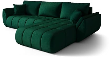 CORNERO Sydney Premium Ecksofa L-Form mit Schlaffunktion und Bettkasten – Couch L-Form fürs Wohnzimmer 3-Sitzer 280 cm x 185 cm x 85 cm (Grün, Ottomane Rechts)