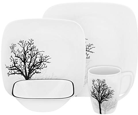 Corelle Timber Shadows Tafelservice für 4 Personen, splitter- und bruchfest, Porzellan, Schwarz und Grau, 16-teilig