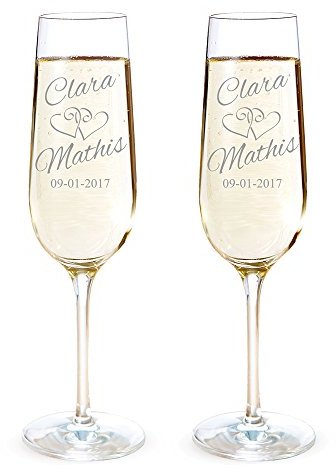 AMAVEL Set de 2 Flûtes à Champagne avec 2 Cœurs, Personnalisées avec 2 Prénoms et 1 Date, Volume 0,2 L