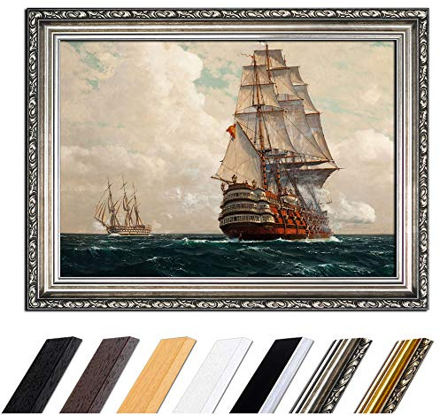 Bilderdepot24 Bild mit Rahmen - Michael Zeno Diemer Schiff auf dem Meer 50x40 cm - Gerahmtes Leinwandbild Alte Meister - Antiker Rahmen Silber Barock, Klassisch
