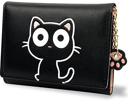 conisy Süß Klein Geldbeutel Damen,Dreifach Gefaltete Leder Dünn Geldbörse mit RFID für Mädchen und Frauen (Kätzchen Schwarz)