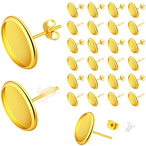 300-teiliges Ohrstecker-Set enthält 100 Stück 12 mm Edelstahl Blank Ohrstecker Lünette Einstellungen, 100 Gummi-Verschlüsse, 100 Edelstahl-Ohrring-Verschlüsse (Gold mit Gold und Transparent)