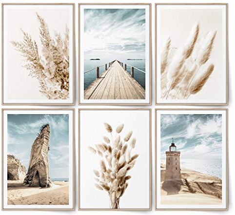 BLCKART Infinity Beige Love Beach Bilder Set Stilvolle Beidseitige Pampasgras Poster Strand Wohnzimmer Deko (L | 6x A3 | 29,7 x 42 cm | ohne Rahmen, BEIGE LOVE BEACH)