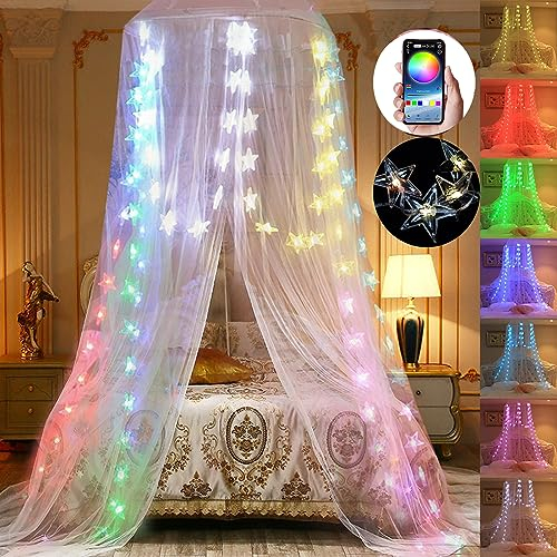 HanYun Moskitonetz Bett Betthimmel mit 100 LED RGB Sternlichter mit App Remote Baldachin Bettvorhang für Prinzessin Mädchen Schlafzimmer Betthimmel Mädchen Baldachin Baby Kinder Kinderzimmer